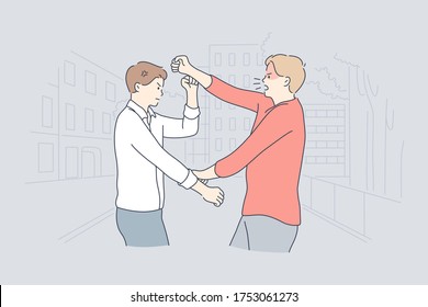 Quarrel, struggle, violence, aggression concept. Young angry furious men boys enemies cartoon characters yelling arguing fighting on street. Aggressive and violent behaviour and confict or rivalry.