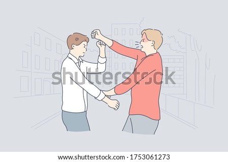 Quarrel, struggle, violence, aggression concept. Young angry furious men boys enemies cartoon characters yelling arguing fighting on street. Aggressive and violent behaviour and confict or rivalry.