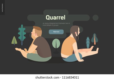 Quarrel vector concept illustration - a scene with a young couple sitting turning away from each other after a conflict, on the dark background with trees landscale