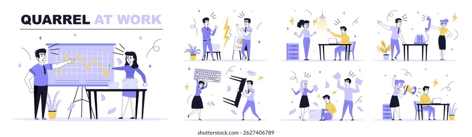 Quarrel at work concept set in flat web design. Collection with people shouting, colleagues in conflict, negative and problem communication. Flat vector illustration isolated on white background.