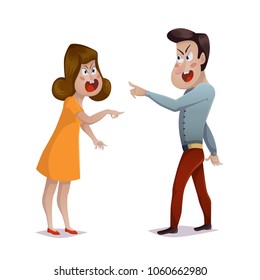 Quarrel. Young couple arguing. Man and woman shouting at each other. Problems in relationships, disagreement and conflict. Vector illustration 