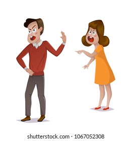 Quarrel. Young couple arguing. Man and woman shouting at each other. Problems in relationships, disagreement and conflict. Vector illustration 