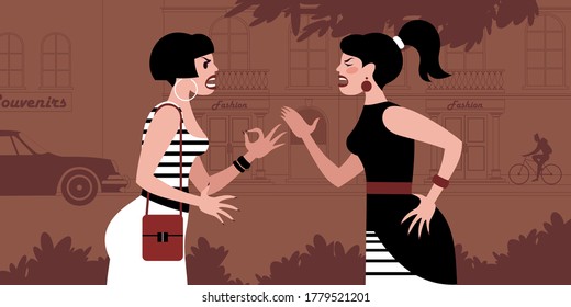 Quarrel. Una niña se ve atrapada en una discusión con otra mujer. Escena de la vida de la gente de la calle de la ciudad. Ilustración vectorial de diseño plano.