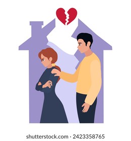 Quarreled couple  and broken heart on white background. Concept 