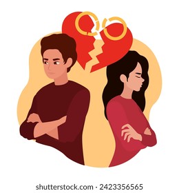 Quarreled couple, rings and broken heart on white background. Co