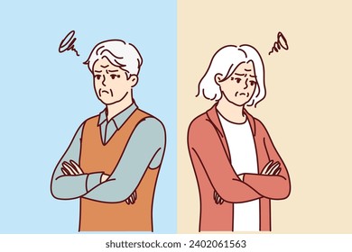 Quarreled seniors look in different directions due to differences or dissimilar interests. Quarreled old man and woman need counseling from family psychologist to restore relationship