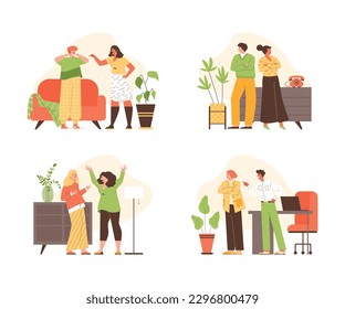 Quarreling arguing aggressive people characters set, flat cartoon vector illustration isolated on white background. Bad relationships and communication problems.
