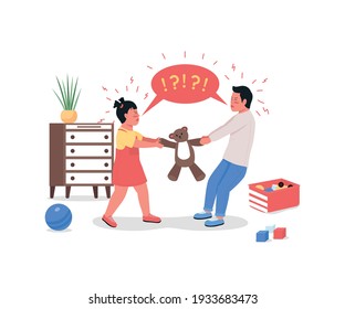 Quarreling children flat color vector detailed characters. Siblings fight over toy. Kids arguing in playroom. Family conflict isolated cartoon illustration for web graphic design and animation