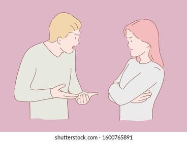 Quarreling couple at home. Hand drawn style vector design illustrations. 