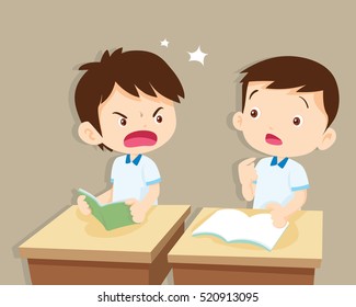 Quarreling kids. angry boy shouting at friend.Raging kids.children shouting to each other.pupils sit on desks.pupil are learning.