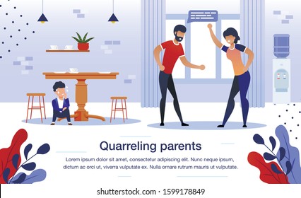 Quarreling Parents, Family Relationships Problems Trendy Flat Vector Banner, Poster Template. Annoyed Father and Mother Arguing at Home Kitchen, Scared and Worried Boy Hiding Under Table Illustration