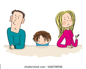 Quarreling parents. Their child, little boy, is sitting between them looking sad and thinking about divorce. Original hand drawn illustration of unhappy family.