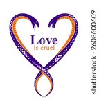 Quarrels in relations concept, two Snakes in a shape of heart, love is cruel, lovers couple arguing, vector logo emblem or tattoo in vintage classic style.