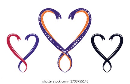 Cuartos en el concepto de relaciones, dos serpientes en forma de corazón, el amor es cruel, parejas amantes discutiendo, emblema del logo vectorial o tatuaje en estilo clásico vintage.