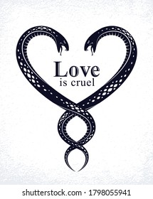 Quarrels In Relations Concept, Two Snakes In A Shape Of Heart, Love Is Cruel, Lovers Couple Arguing, Vector Logo Emblem Or Tattoo In Vintage Classic Style.