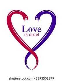 Quarrels in relations concept, two Snakes in a shape of heart, love is cruel, lovers couple arguing, vector logo emblem or tattoo in vintage classic style.