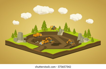 Quarry. Dig site. 3D lowpoly isometric vector concept illustration suitable for advertising and promotion