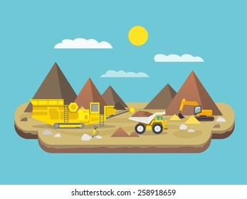 Quarry flat poster with excavator and industrial machinery on mountain background vector illustration