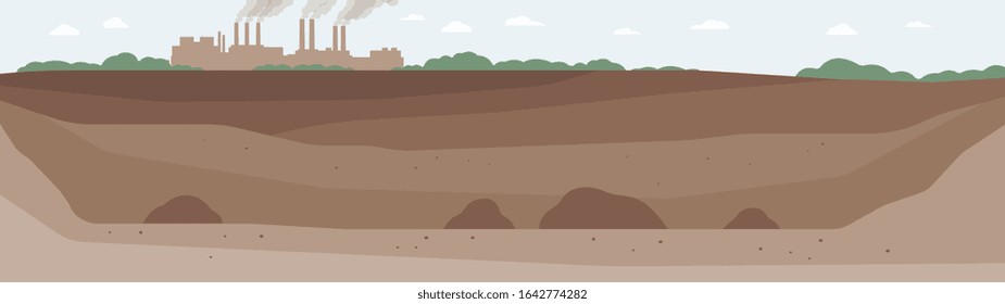 Quarry in ground for extraction of coal and other minerals from earth and factory buildings - industrial landscape background flat vector illustration.