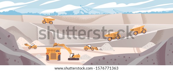 Quarry landscape flat vector illustration.\
Marble mining concept. Industrial machinery and transport.\
Excavators and dump trucks at opencast. Mine production, stone\
quarrying process.
