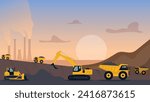 Quarry landscape. Quarry heavy vehicles. Mine production, stone quarrying process. Vector illustration. Eps 10.