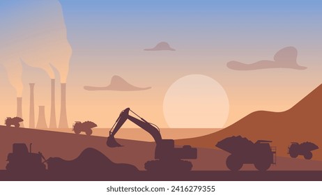 Quarry landscape. Quarry heavy vehicles. Mine production, stone quarrying process. Vector illustration. Eps 10.