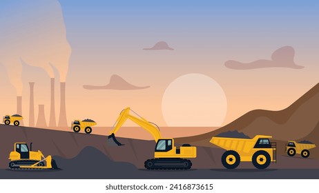 Quarry landscape. Quarry heavy vehicles. Mine production, stone quarrying process. Vector illustration. Eps 10.