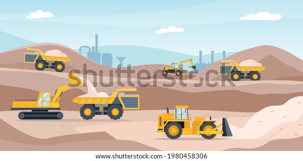 Quarry landscape. Sand pit with heavy mining\
equipment, bulldozer, digger, trucks, excavator and factory. Open\
mine industry vector concept. Pit sand and excavator with heavy\
machinery illustration