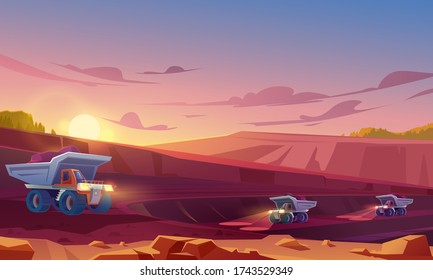 Quarry mining with heavy industrial machinery and transport. Dump trucks carry coal or metal ore at opencast. Pit dawn landscape, mine production, stone quarrying process. Cartoon vector illustration