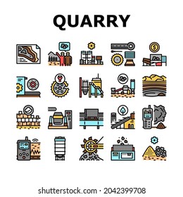 Quarry Mining Industrial Process Icons Set Vector. Quarry Mining Equipment And Machine Technology, Industry Iron And Coal Processing Line. Vibration Assessment Device Color Illustrations