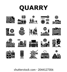 Quarry Mining Industrial Process Icons Set Vector. Quarry Mining Equipment And Machine Technology, Industry Iron And Coal Processing Glyph Pictograms Black Illustrations