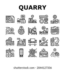 Quarry Mining Industrial Process Icons Set Vector. Quarry Mining Equipment And Machine Technology, Industry Iron And Coal Processing Line. Vibration Assessment Device Black Contour Illustrations