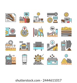 Quarry Mining Industrie und Gewerbe Process Icons Set Vektorgrafik. Bergbauausrüstung und maschinelle Technologie, industrielle Eisen- und Kohleverarbeitungslinie. Farbliche Illustrationen des Vibrationsbewertungsgeräts