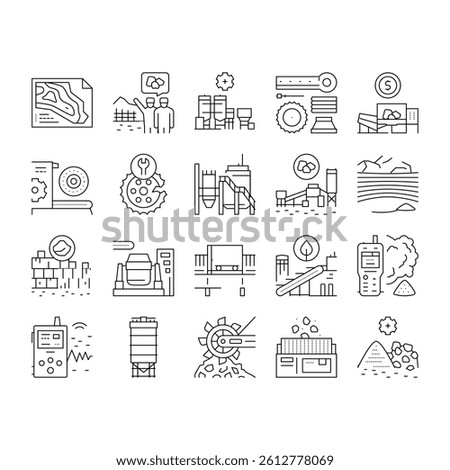Quarry Mining Industrial Process Icons Set Vector. Quarry Mining Equipment And Machine Technology, Industry Iron And Coal Processing Line. Vibration Assessment Device Black Contour Illustrations