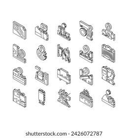 Quarry Mining Industrial Process isometric icons set. Quarry Mining Equipment And Machine Technology, Industry Iron And Coal Processing Line. Vibration Assessment Device Color .