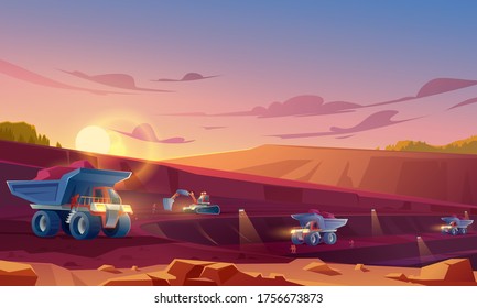 Quarry mining with miners, heavy industrial machinery and transport. Dump trucks carry coal or metal ore at opencast. Pit dawn landscape, mine production, stone quarrying. Cartoon vector illustration