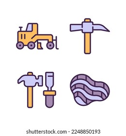 Quarry mining pixel perfect RGB color icons set. Miner manual instruments. Coal extraction. Excavator machine. Isolated vector illustrations. Simple filled line drawings collection. Editable stroke