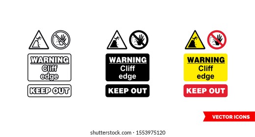 Quarry notice sign warning cliff edge keep out icon of 3 types: color, black and white, outline. Isolated vector sign symbol.
