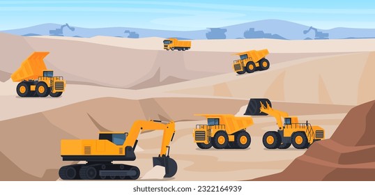 Quarry with open-type rock. Heavy quarry equipment for the extraction of minerals. Excavators and dump trucks of large sizes. Vector illustration
