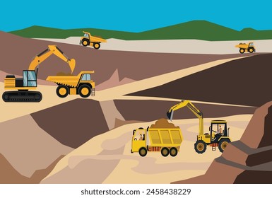 Cantera con roca de tipo abierto. Equipo pesado de cantera para la extracción de minerales. Excavadoras y volquetes de tamaño Grande. Ilustración vectorial