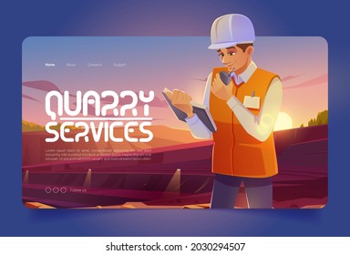 Quarry services banner with man in helmet working in opencast mine. Vector landing page of mining industry with cartoon illustration of engineer works in quarry