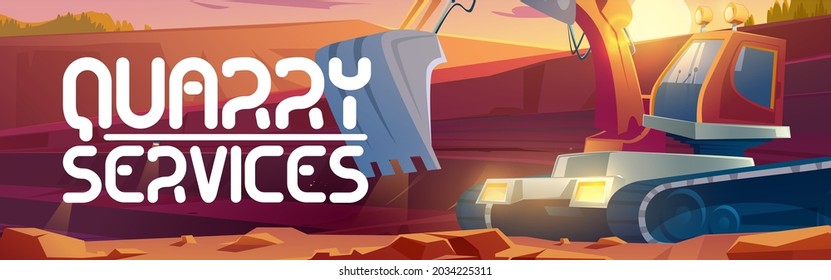 Quarry services cartoon banner, excavator mining on career, heavy industrial machinery and transport works. Coal or metal ore opencast pit mine production, stone quarrying equipment vector concept