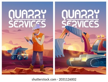 Quarry services posters with man in helmet, dumper and excavator in opencast mine. Vector banners of mining industry with cartoon illustration of engineer and machines working in quarry