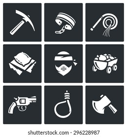 Quarry and slavery icons set. Vector Illustration.
Isolated Flat Icons collection on a black background for design