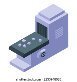 Icono de línea de piedra de cantera vector isométrico. Camión mío. Máquina bulldozer