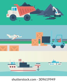 Quarry work logistic and quarry work transport. Delivery and logistic process banners.