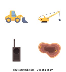 Iconos de cantera conjunto de Vector de dibujos animados. Máquina de minería de cantera. Industria minera
