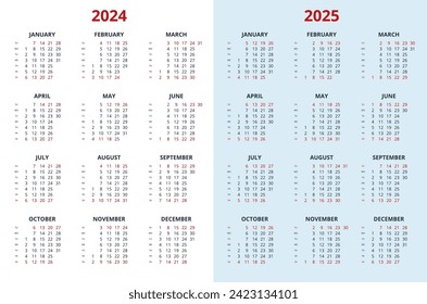 Quarter calendar template for 2024, 2025 year. Wall calendar grid in a minimalist style. Week Starts on Monday.