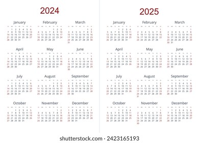 Quarter calendar template for 2024, 2025 year. Wall calendar grid in a minimalist style. Week Starts on Sunday