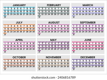 Plantilla de calendario trimestral para 2024. Cuadrícula de calendario de pared de estilo minimalista. a partir del 1 al 30. Último calendario para todos los meses